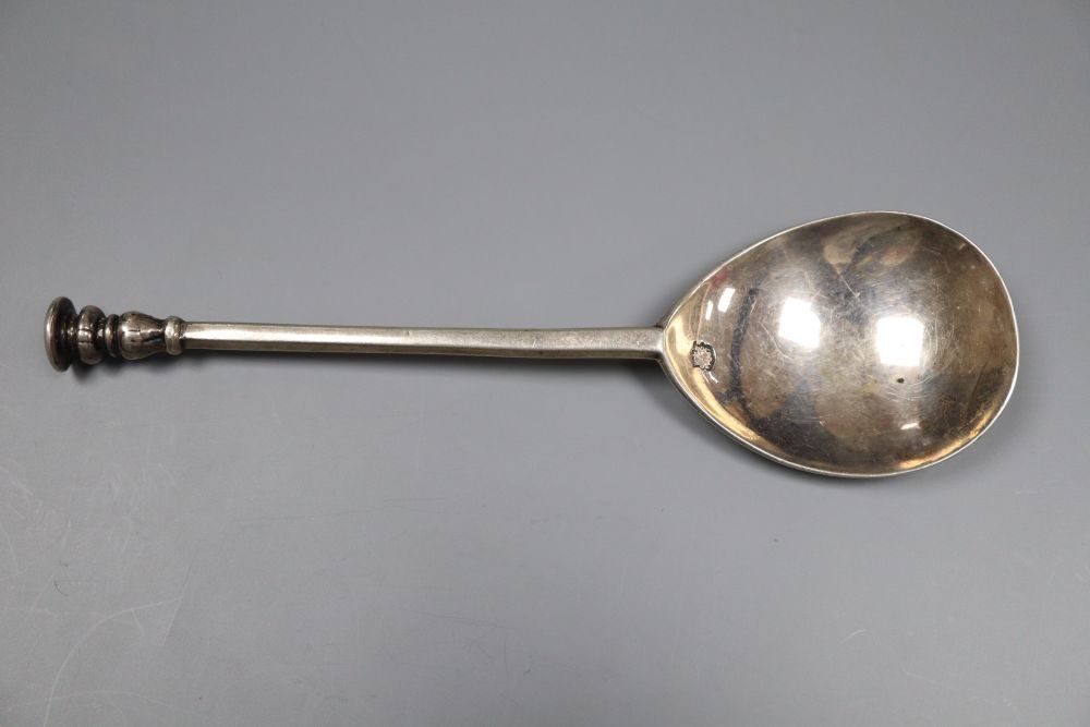 A mid to late? 17th century silver seal top spoon, indistinct date letter, 16.4cm, 51 grams.